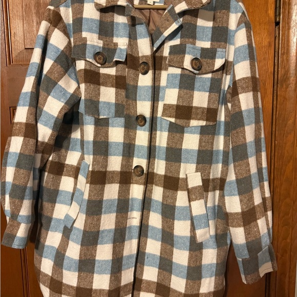 Brown and Blue Plaid Flannel Pea Coat - Picture 2 of 4